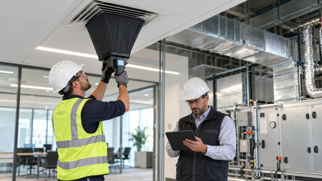 NEBB certified TAB professionals performing HVAC airflow testing and balancing measurements