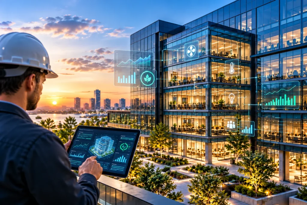 Smart Building monitoring dashboard showing IoT sensors, HVAC controls, and building performance analytics