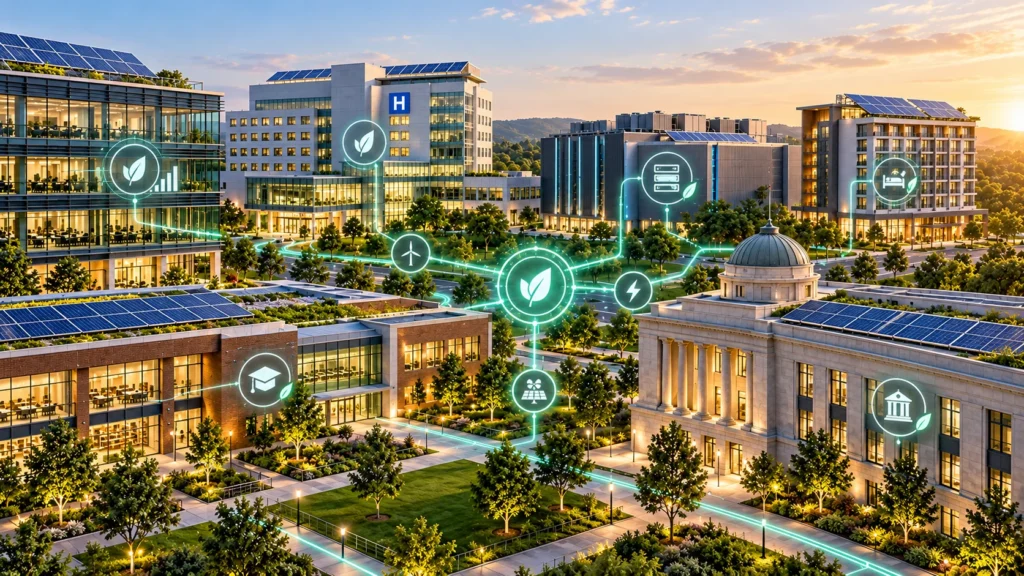 Energy Efficiency across commercial, healthcare, data center, education, hospitality, and government buildings, illustrated through smart energy management and sustainable technologies