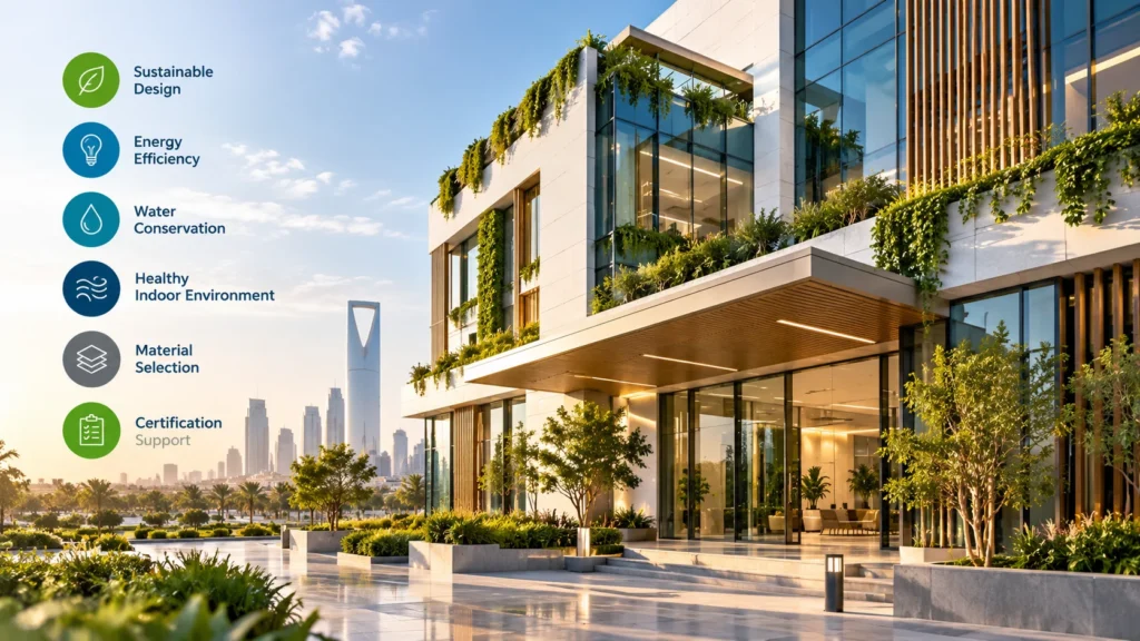 LEED Certification and green building consulting concept featuring sustainable architecture, energy-efficient design, solar panels, and engineering plans.